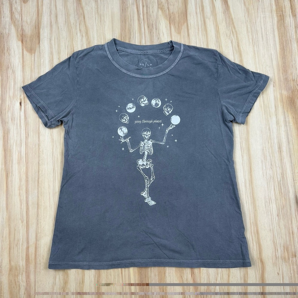 PS / LA Skeleton Gong Through Moon Phases Gray T Shirt Small Short Sleeve